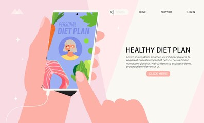 Woman hold smartphone with diet planning diary application. Concept of healthy eating, personal diet or nutrition plan, dieting expert consultation or online nutrition course for social media banner.
