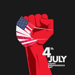 4'th July Independence Day. America. Freedom liberation. Logo, vector, flag, democracy. Graphic expression. Statue of Liberty, sculpture, logo, symbol. Stylized fist, power, freedom
