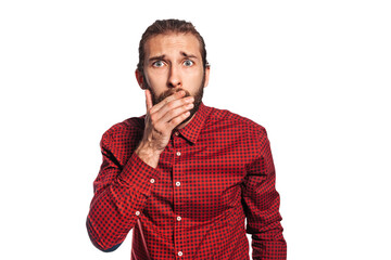 Shocked man covers his mouth with his hand on a white background. Isolate Place for inscriptio