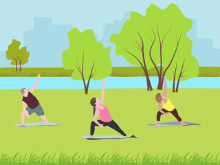 vector flat illustration people doing yoga outdoors nature outside the city by the river