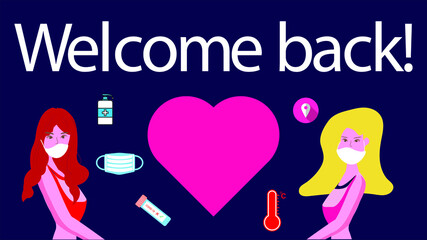 Welcome back fitness gym banner,Open a Gym, Sport girl with face mask and heart shape love sign showing the safety fitness gym solution from covid-19 pandemic.new normal after coronavirus pandemic