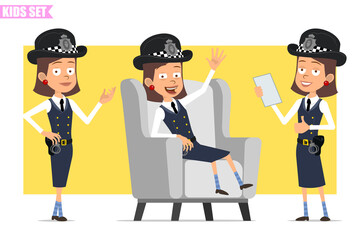 Cartoon flat funny british policeman girl character in helmet hat and uniform. Ready for animation. Kid posing, resting, showing okay and thumbs up sign. Isolated on yellow background. Vector set.