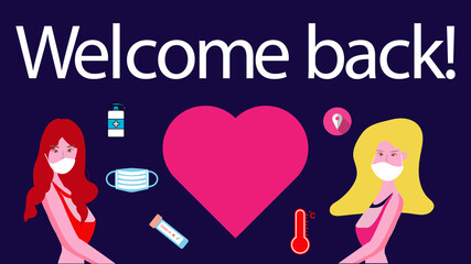 Welcome back fitness gym banner,Open a Gym, Sport girl with face mask and heart shape love sign showing the safety fitness gym solution from covid-19 pandemic.new normal after coronavirus pandemic