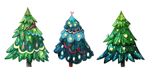 Watercolor illustration with three Christmas trees decorated with Christmas toys. Hand-made drawing Isolated on a white background. Fir trees are covered with snow.