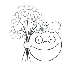 Coloring book vector. Contour on a white background. Hand drawing. The first bell at school. First grader with a bouquet.