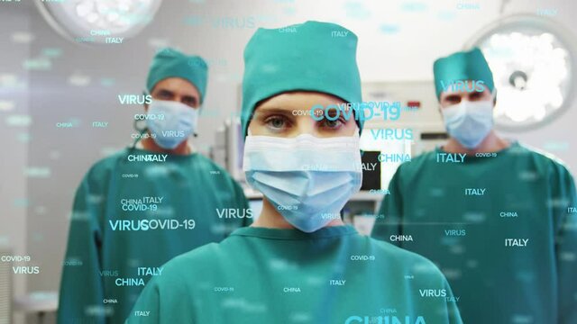 Animation of surgeons with protective masks and suit over the COVID-19 information written in capita
