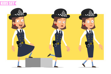 Cartoon flat funny british policeman girl character in helmet hat and uniform. Ready for animation. Successful tired kid walking up to his goal. Isolated on yellow background. Vector set.