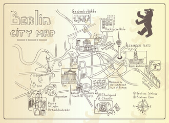 Fototapeta na wymiar Illustrated map of Berlin, Germany. Doodle sketch map. Illustrations of attractions. Vector color illustration with various symbols of Germany. Travel and leisure. Design for banner, poster or print.