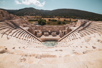 Patara (Pttra). Ruins of the ancient Lycian city Patara. Amphi-theatre and the assembly hall of Lycia public. Patara was at the Lycia (Lycian) League's capital. Aerial view shooting. Antalya, TURKEY