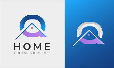 Q latter logo house logo designs, real estate icon suitable for info graphics, websites and print media. Vector, flat icon, badges, labels, clip art. Line art style. Thin line design. Color design. 