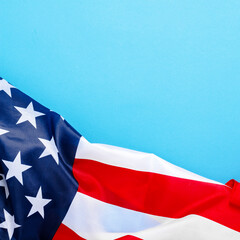 USA flag on a blue background. United States. Concept Memorial Day, Independence Day, July 4th. Flat lay, top view