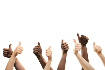 Group of multiracial hands. thumbs up isolated on white background