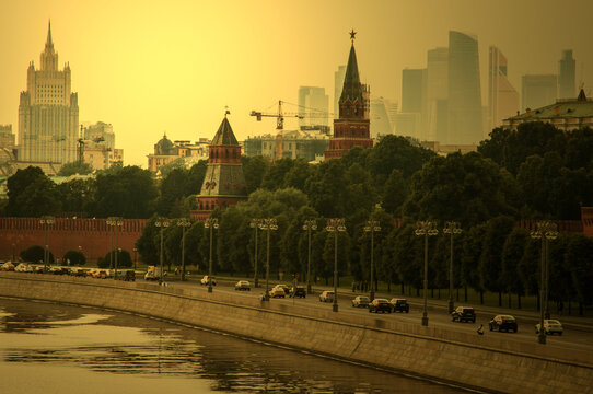 Panoramic view of the Moscow Kremlin, Moscow City, Moscow State University and the Moscow River