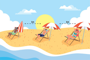 people on the beach practicing social distancing scene ,summer time vacations