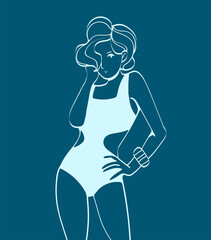 Line art illustration woman with short hair in swimsuit, summer poster, sport image