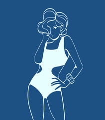 Outline design illustration girl in swimsuit on dark blue background