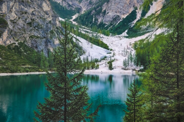 Fototapeta na wymiar Lake in Dolomites mountains, Lago di Braies, Italy.