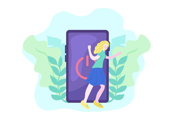 Digital detox concept. Cute blonde young girl stepping out of the mobile phone screen. Female millennial user character in modern lifestyle illustration. Turn off your smartphone & tablet doodle.
