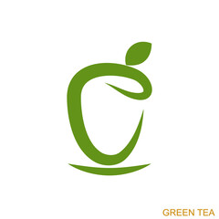 Green tea cup leaf logo icon sign Hand drawn Modern design eco bio organic style Fashion print product food shop store clothes card badge element banner poster emblem Vector