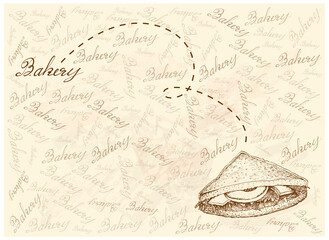 Illustration Hand Drawn Sketch of Delicious Homemade Freshly Club Sandwiches or Clubhouse Sandwiches on Brown Background.
