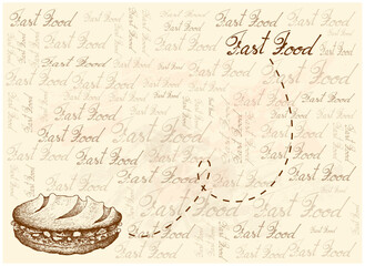 Illustration Hand Drawn Sketch of Delicious Homemade Freshly Baguette Sandwich with Ham, Tomatoes, Lettuce, Onion and Cheese on Brown Background.
