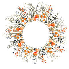 The autumn wreath. Watercolor illustration with drawn elements of dried flowers. Autumn card.