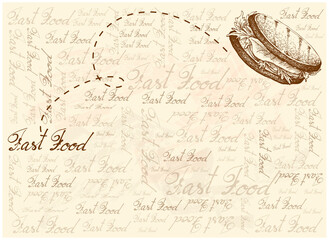 Obraz premium Illustration Hand Drawn Sketch of Delicious Homemade Freshly Grilled Sandwich with Bacon, Tomatoes, Lettuce and Cheese on Brown Background. 