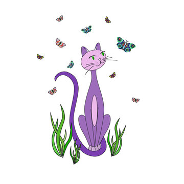 Elegant Cartoon Cat with Butterflies 