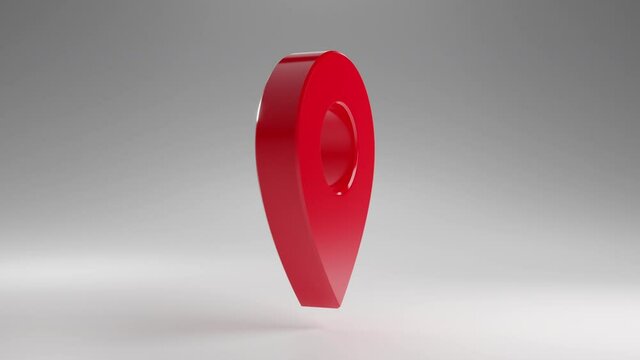 Shiny modern red spinning map pointer. 3D rendering locator pin seamless spin loop. Location symbol on white background. Web location rotation point 4K animation.
