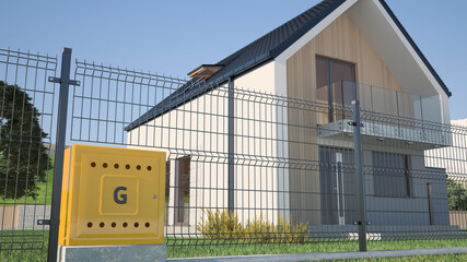 Yellow gas box, fence and house, 3d illustration