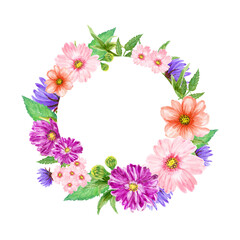 Watercolor illustration wild flower cosmos gerbera pastel  garden composition wreath card bouquet blossom