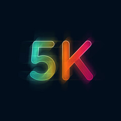 5K (5000) Likes, Followers, Subscriber. Colorful logotye on dark background. Rainbow. Glitch effect