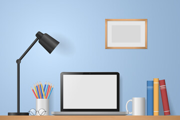 Workspace with laptop, empty frame, books, pencils, and lamp on blue wall background. Mock up blank screen computer. Remote work, freelance, online learning, distance education. Vector illustration