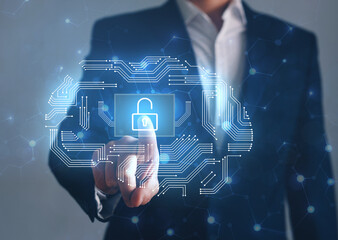 Businessman pointing or touching the key icon symbol. Concept of unlock business.