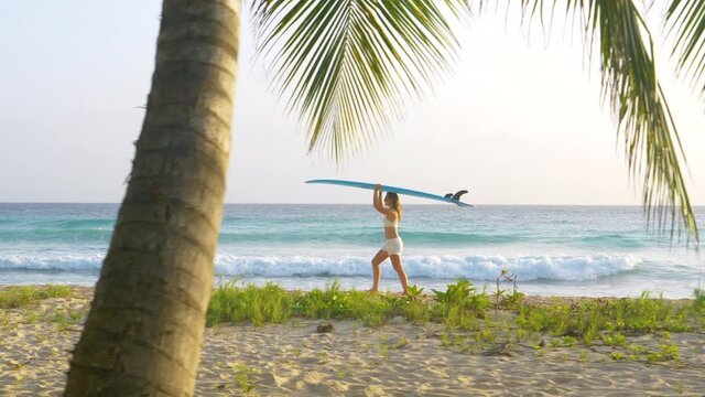 Young woman on fun surfing trip in Barbados carries a surfboard on her head while walking on the golden-lit tropical beach. Female surfer walks along the white sand beach with a surfboard on her head.