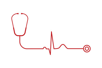 Electrocardiogram with stethoscope. Healthy heart concept. Normal heart beat line. EKG or ECG chart. Medical background with copy space. Heart sounds and murmurs. Vector illustration, flat, clip art. 