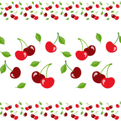 Seamless horizontal border with cherries and leaves on a white background. Vector design template, horizontal pattern for cafe, packaging, wrapper, printing on menu, fabric, textile, clothes and bags