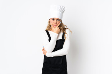 Young Brazilian chef woman isolated on white background thinking