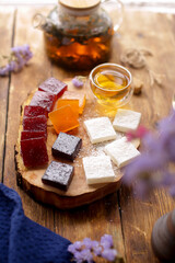 On the wooden table is marmalade. View from above. Place for photo.
