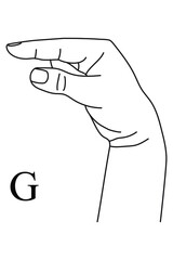 Hand gesture showing letter G on American Sign Language. Alphabetical symbol on deaf-mute language for communication. Vector illustration in outline style isolated on white background. 