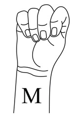 Hand gesture showing letter M on American Sign Language. Alphabetical symbol on deaf-mute language for communication. Vector illustration in outline style isolated on white background. 
