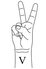 Hand gesture showing letter V on American Sign Language. Alphabetical symbol on deaf-mute language for communication. Vector illustration in outline style isolated on white background. 