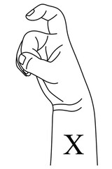 Hand gesture showing letter X on American Sign Language. Alphabetical symbol on deaf-mute language for communication. Vector illustration in outline style isolated on white background. 