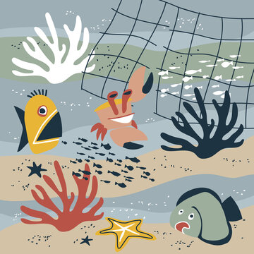 funny marine animals on a sea bottom, fish, flounder, corals, starfish, crab, trawl fishery, underwater life concept, color vector illustration on a grey background in a flat & cartoon style