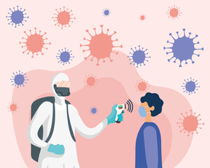 man with protective suit checking man temperature vector design