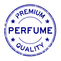 Grunge blue premium quality perfume word round rubber seal stamp on white background