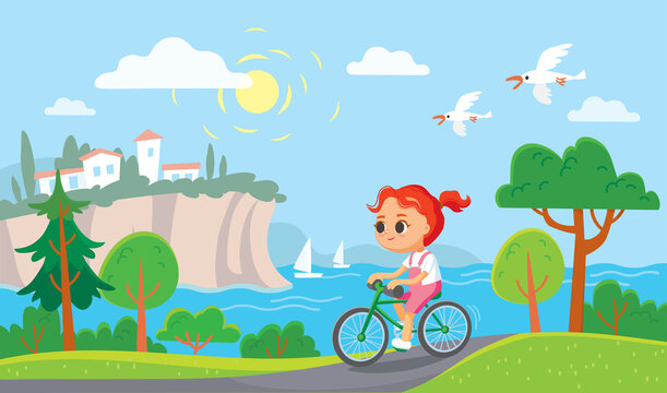 Girl riding a bicycle. Summer mediterranean background.