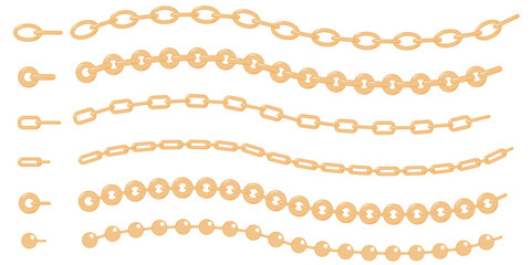 Set of golden and silver chains. vector fittings, sequins, fringe, chain, rope brushes for illustrator , zipper