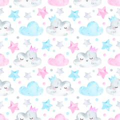 Watercolor seamless pattern cute clouds and stars. Weather, sky background, colorful, pastel colors. Digital paper, for baby textile, fabric, nursery decor. Dream big, scandinavian print	