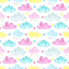 Watercolor seamless pattern cute clouds, rain, heart. Weather, sky background, colorful, pastel colors. Digital paper, for baby textile, fabric, nursery decor.  Dream big, scandinavian print